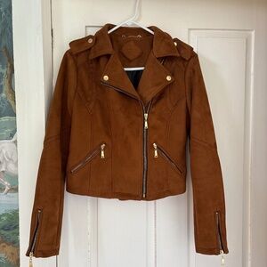 Jou Jou Tan Brown Motorcycle Zipper Jacket Faux Suede Women's Coat Fall Winter